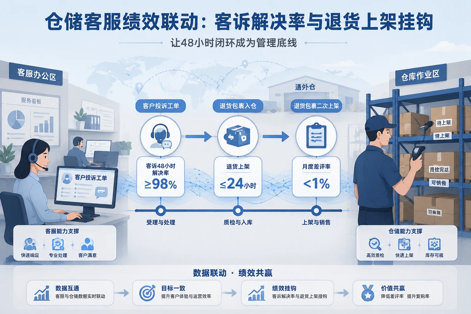 2026年跨境电商仓储客服绩效联动表：48小时客诉解决率与退货上架挂钩
