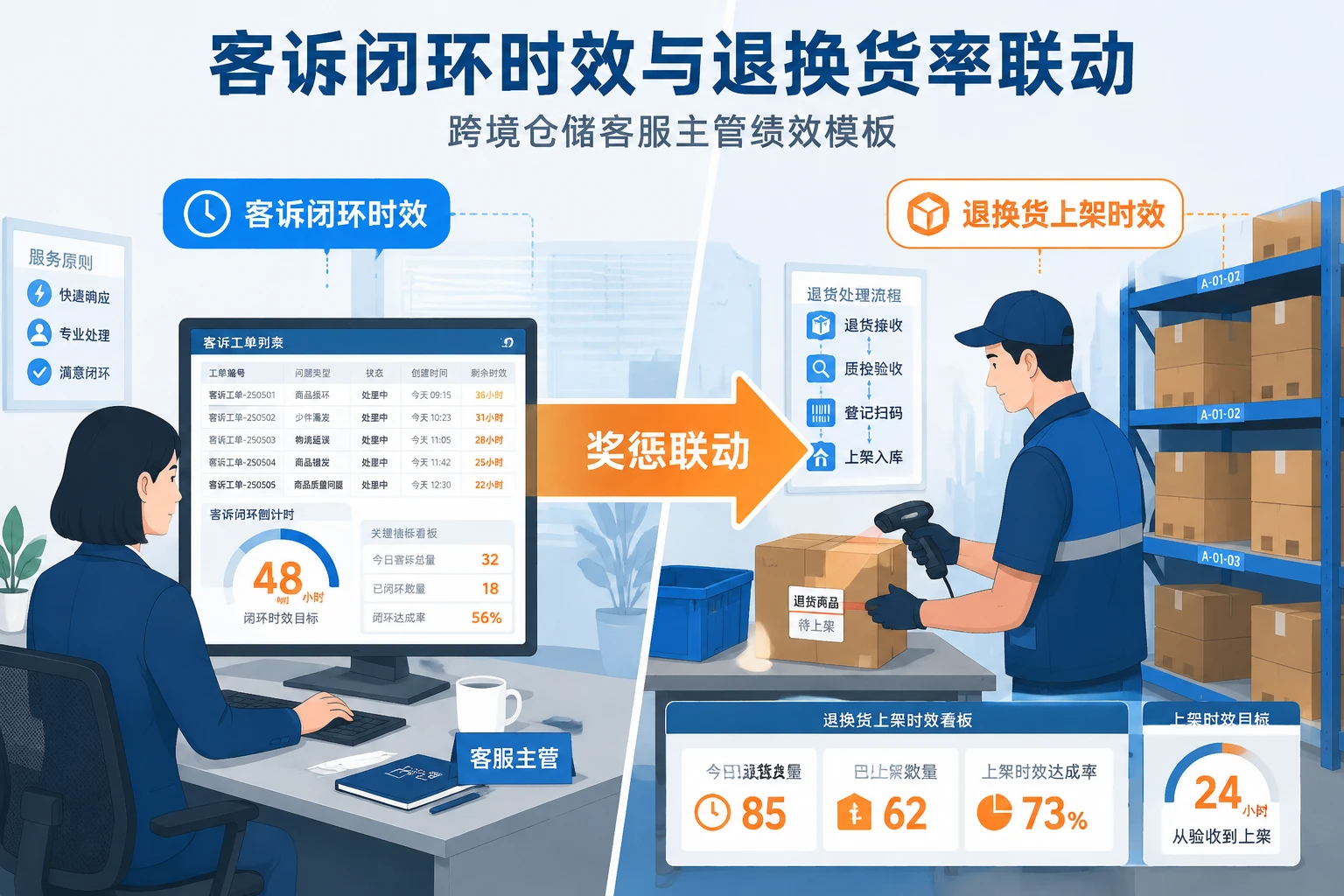 跨境仓储客服主管绩效模板：客诉闭环时效与退换货率联动