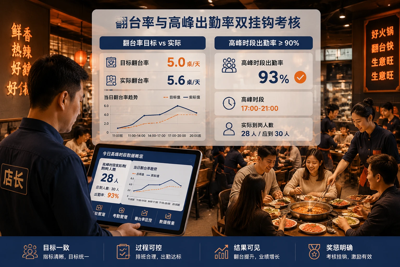 连锁火锅店长绩效模板：翻台率与高峰出勤率双挂钩月度考核表（2026年版）