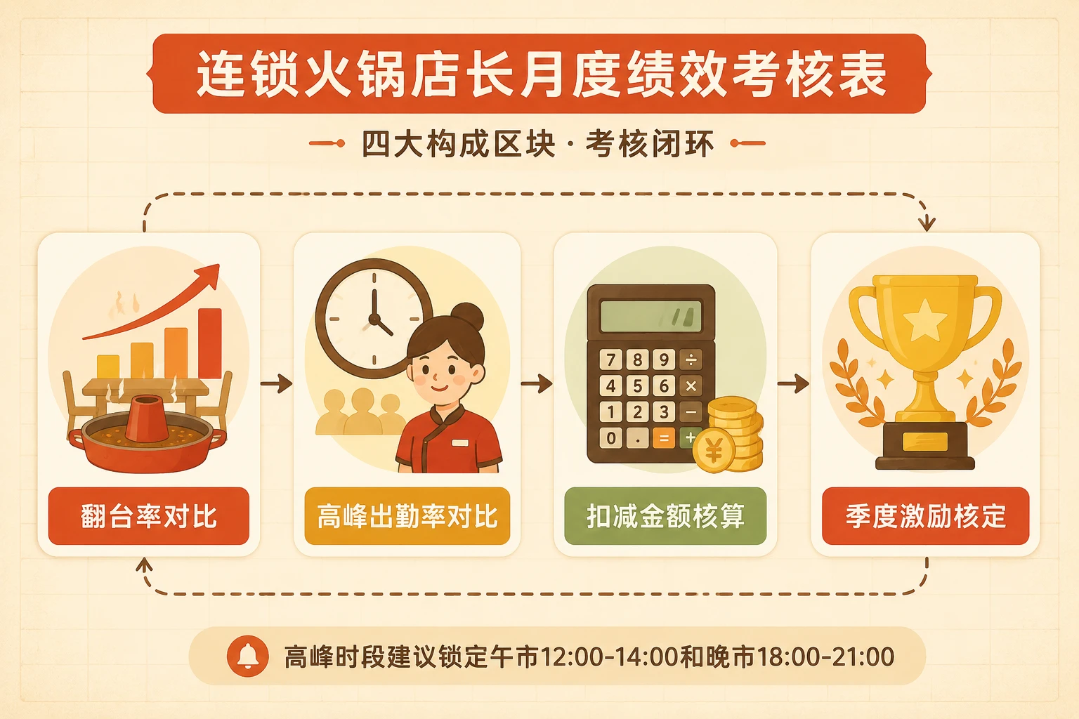 连锁火锅店长绩效模板：翻台率与高峰出勤率双挂钩月度考核表（2026年版）