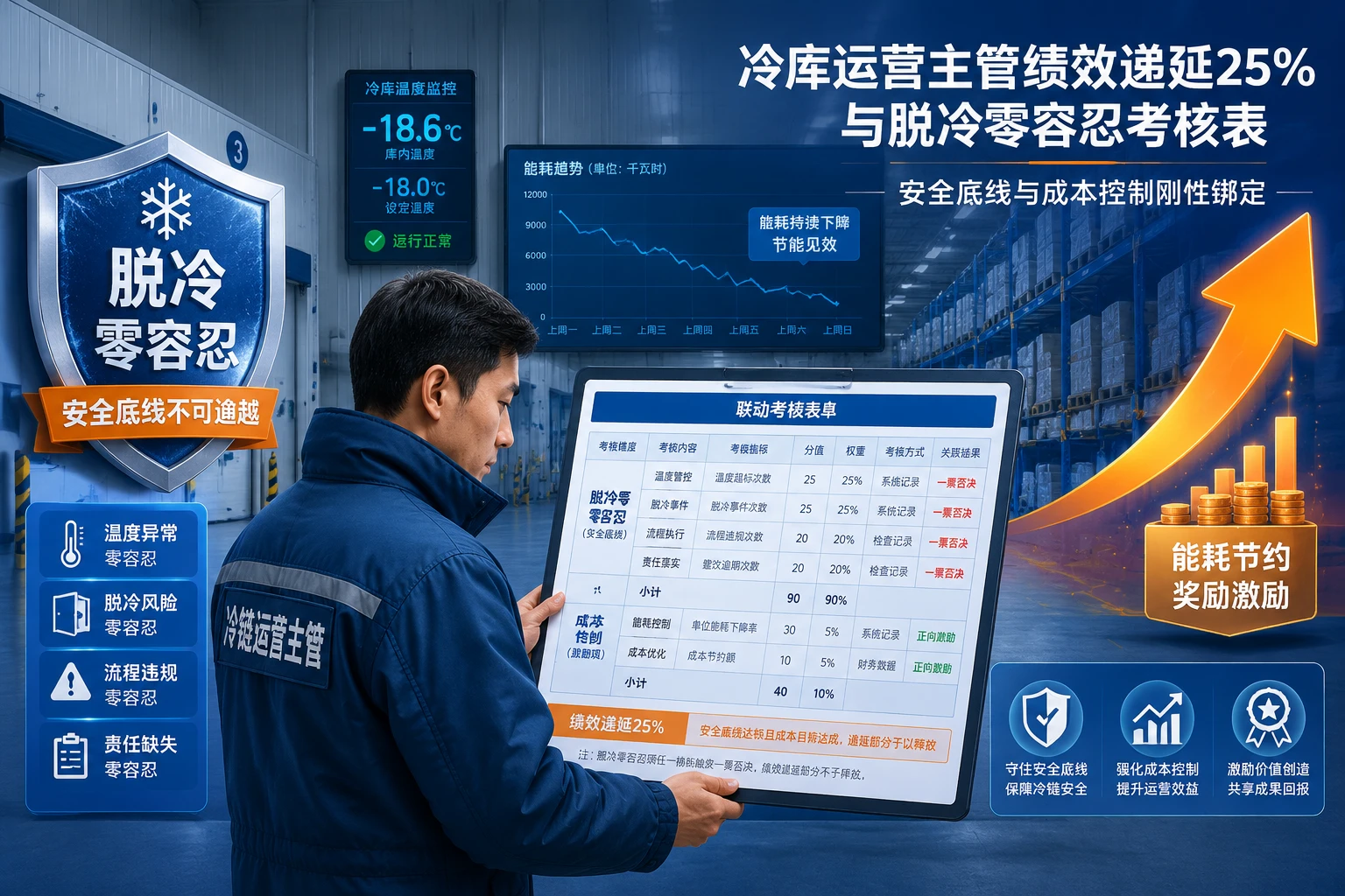 冷库运营主管绩效递延25%与脱冷零容忍及能耗包干考核表