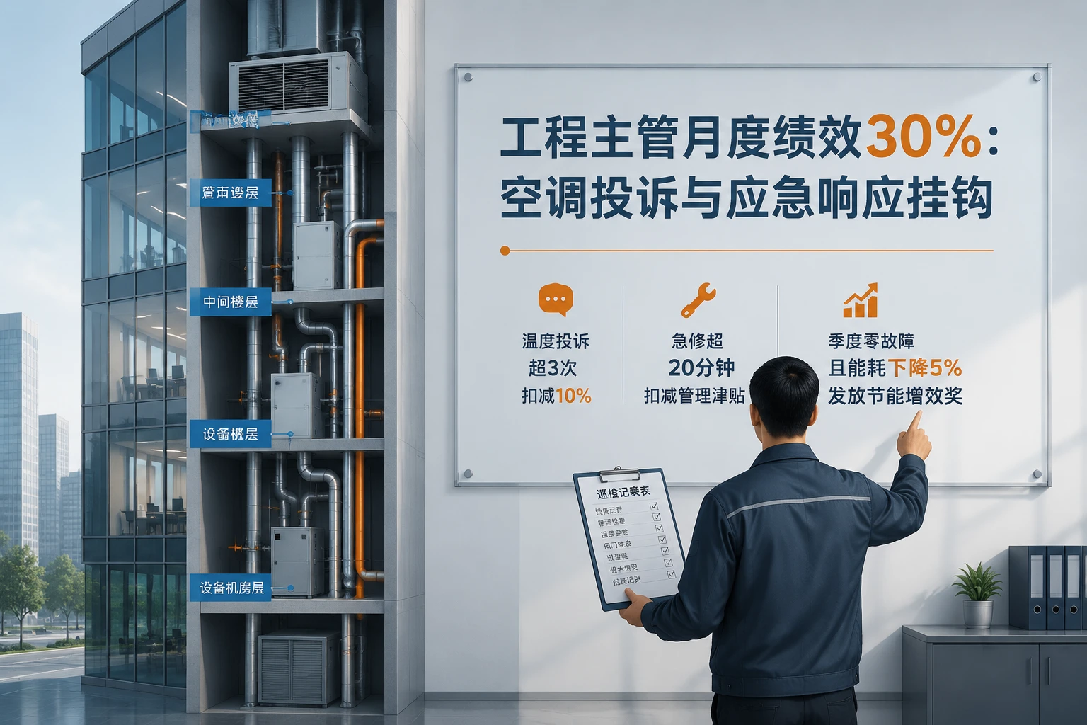 写字楼工程主管月度绩效30%考核表：空调投诉与应急响应规则（2026年版）