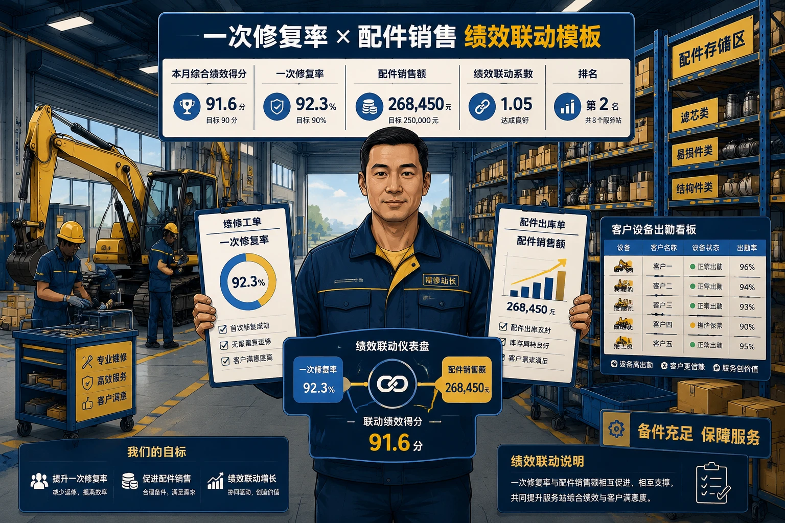 工程机械维修站长绩效联动模板:一次修复率与配件销售额双挂考核表