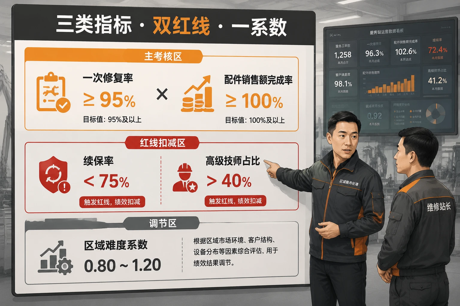 工程机械维修站长绩效联动模板:一次修复率与配件销售额双挂考核表