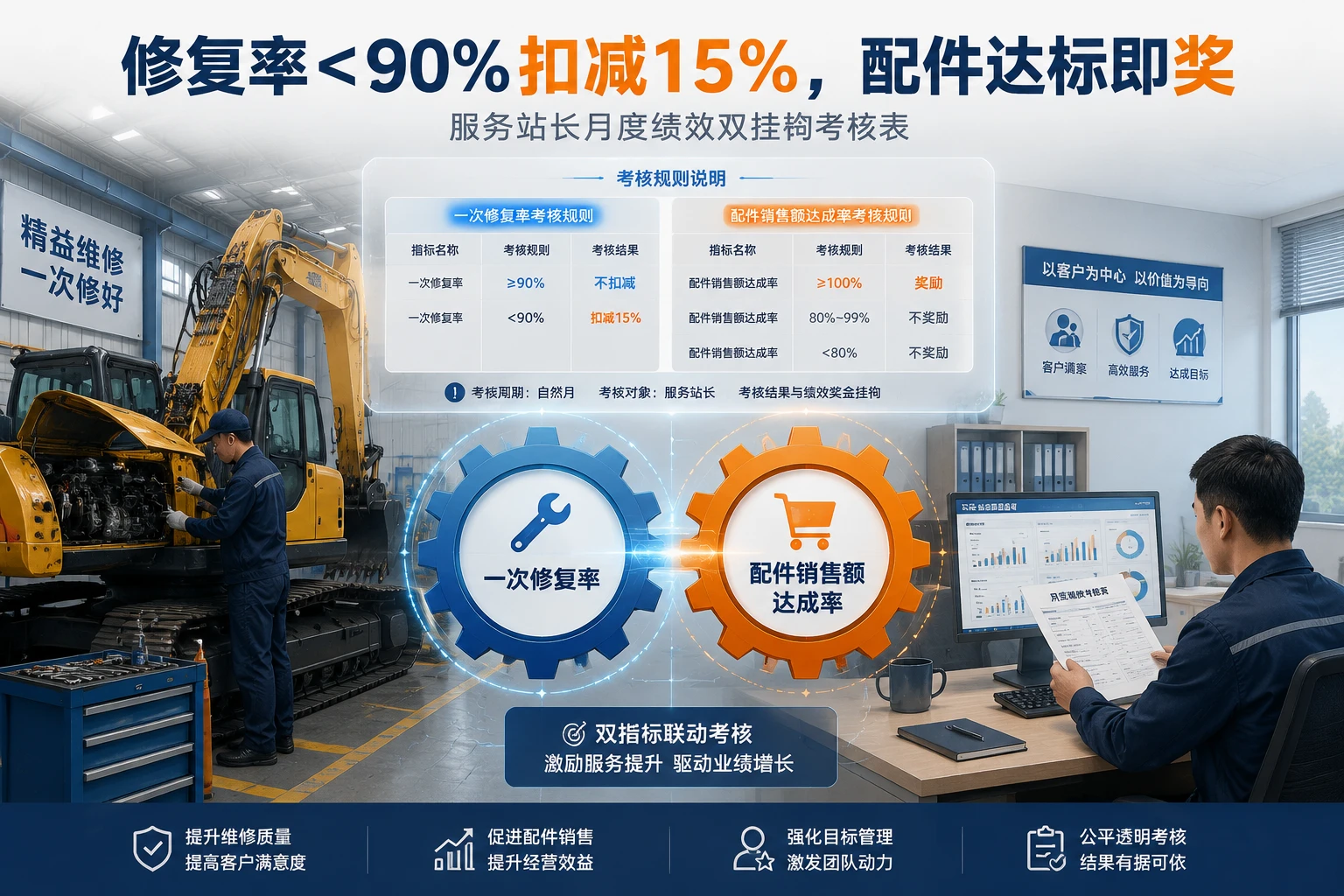 2026年工程机械售后站长月度绩效双挂钩考核表：修复率<90%扣减15%与配件达标奖励