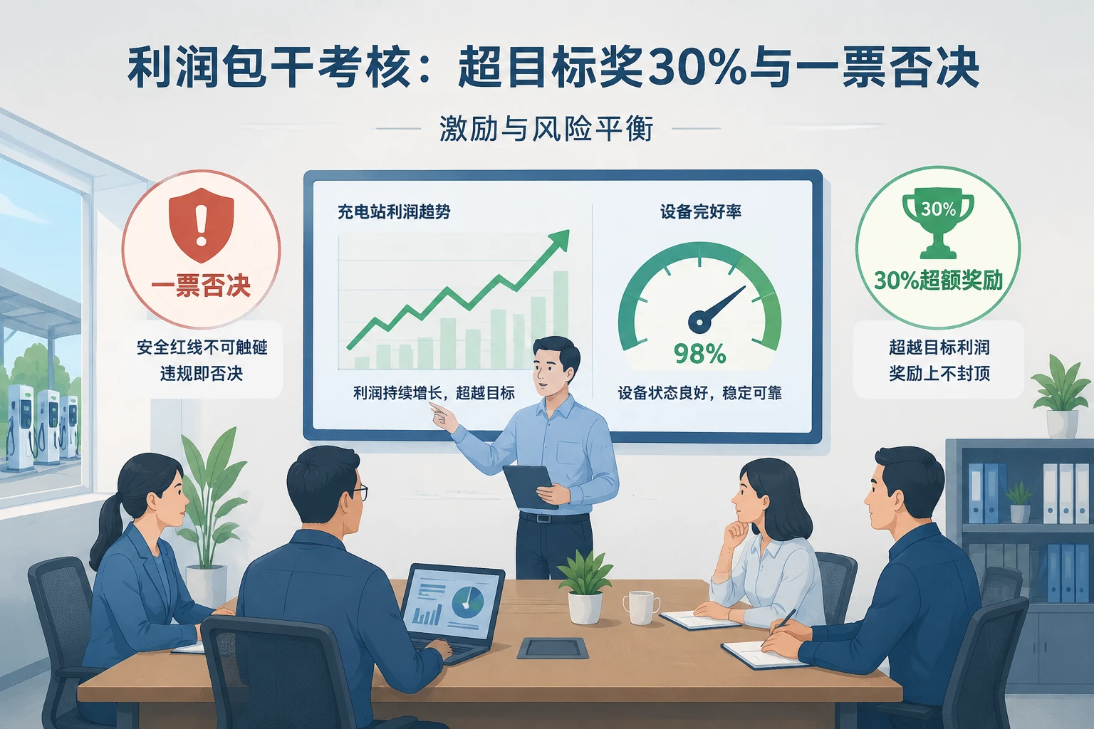 充电站年度利润包干考核模板：超目标奖30%与完好率一票否决规则