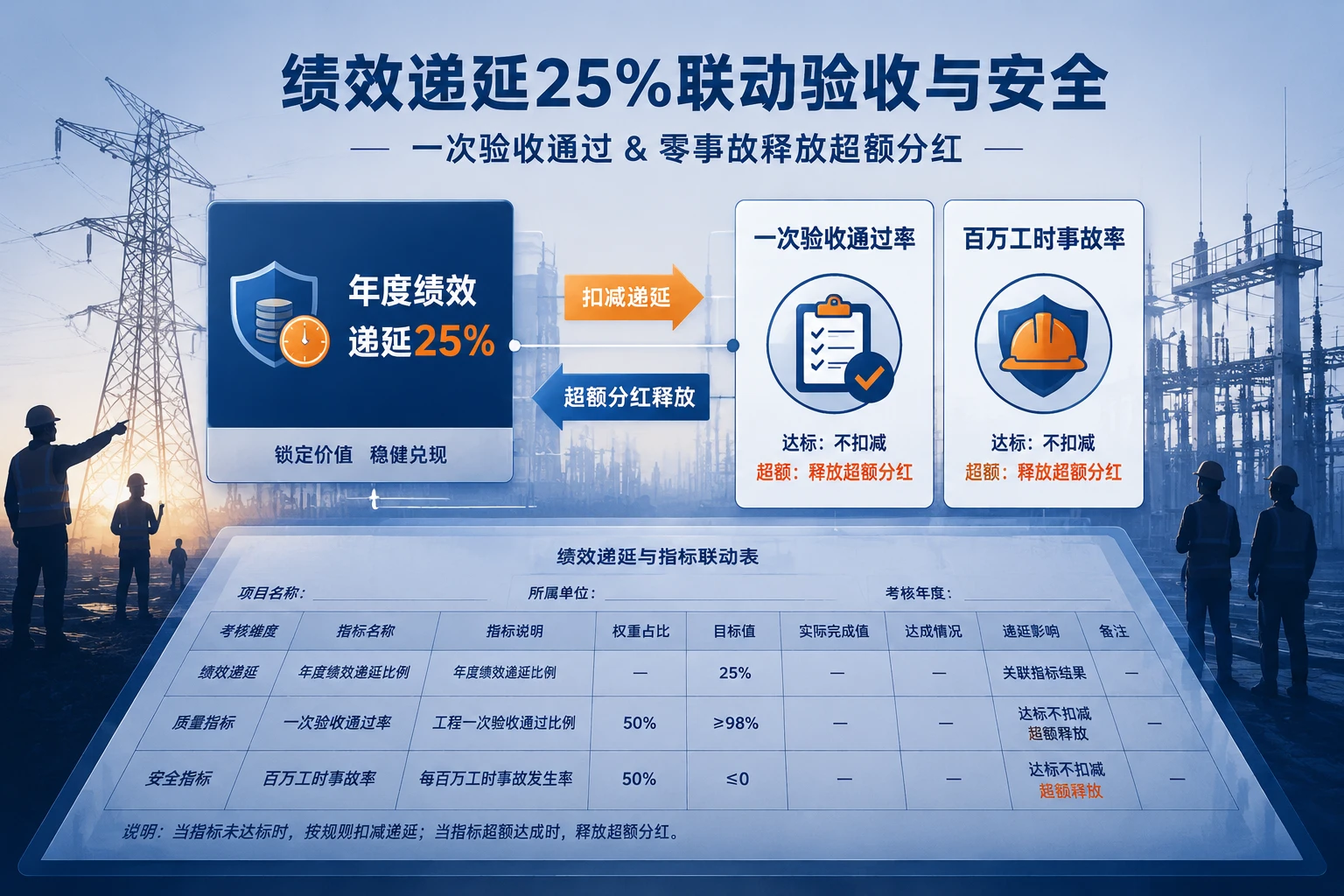 电力安装项目年度绩效递延25%验收与安全联动表单
