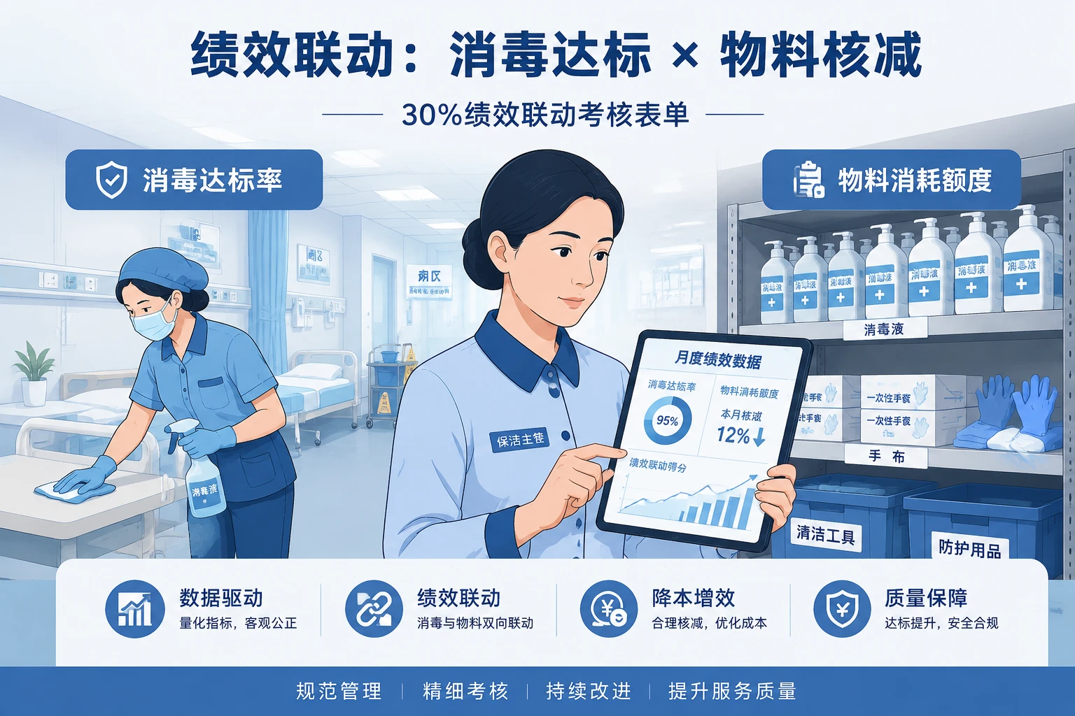 2026年医院保洁主管月度绩效30%联动消毒达标与物料超额核减表单