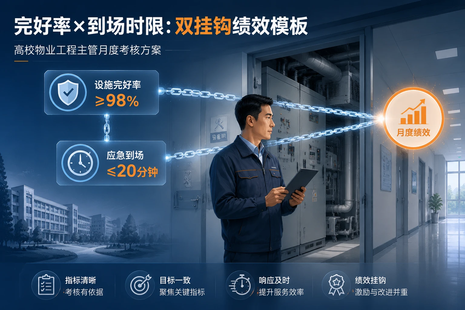 高校物业工程主管月度绩效模板:完好率与到场时限挂钩(2026年版)