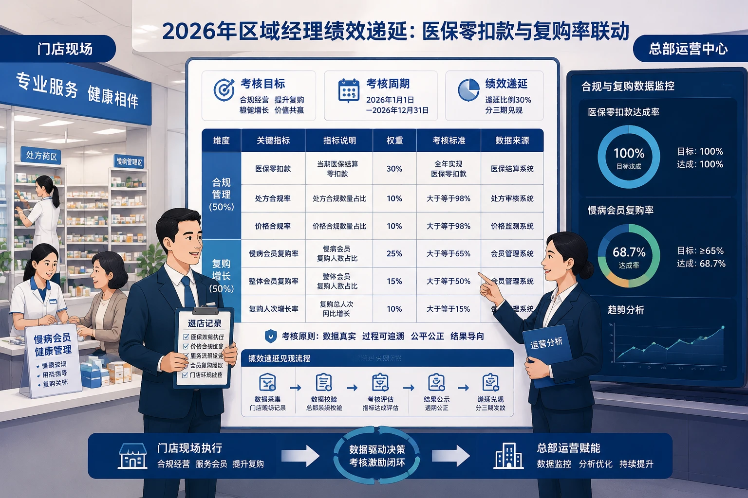 2026年连锁药店区域经理绩效递延表:医保合规零扣款与复购率联动