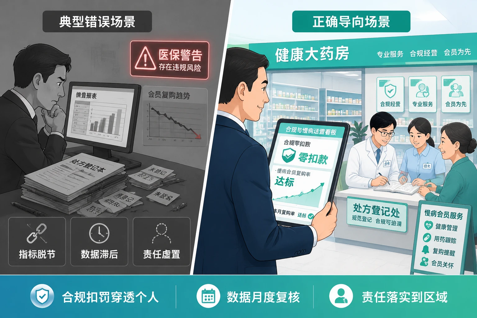 2026年连锁药店区域经理绩效递延表:医保合规零扣款与复购率联动