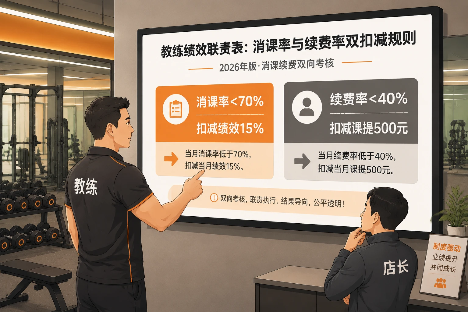 连锁健身门店教练绩效联责表：消课率与续费率双扣减规则（2026年版）