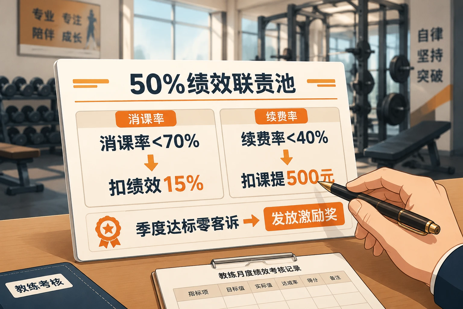 连锁健身门店教练绩效联责表：消课率与续费率双扣减规则（2026年版）