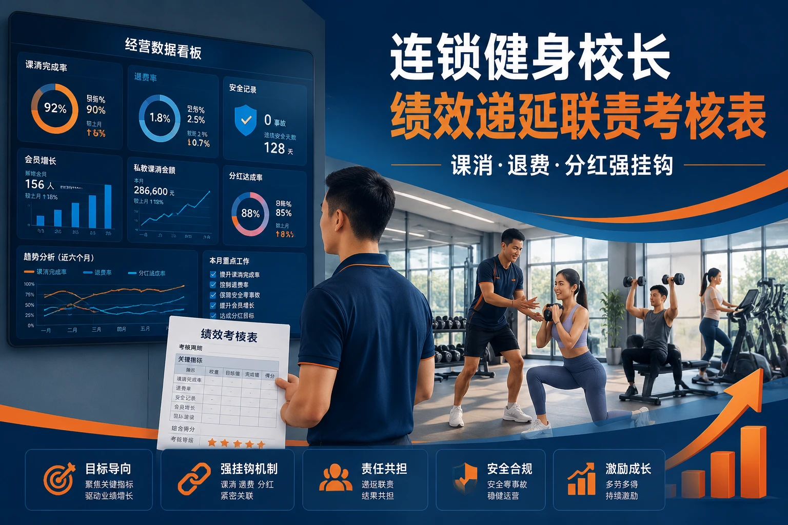 2026年连锁健身校长年度绩效递延20%与课消退费率联责考核表