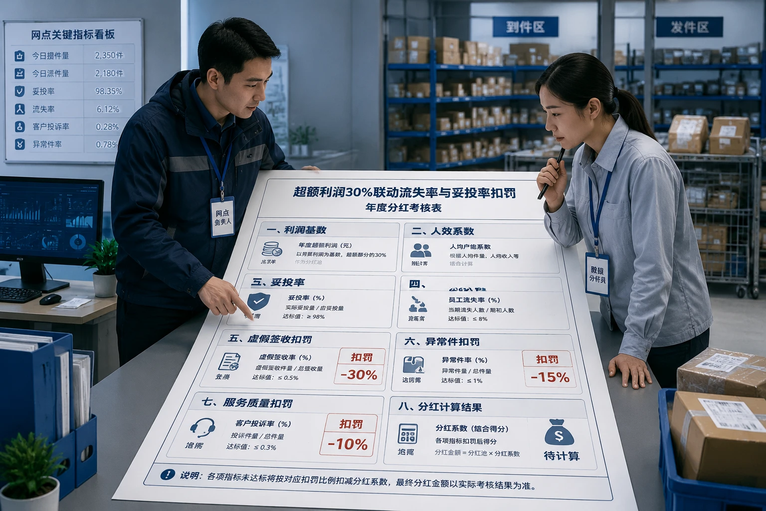 2026年快递网点负责人度分红考核表：超额利润30%联动流失率与妥投率扣罚