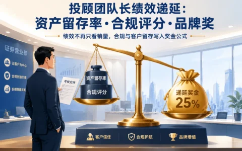 投顾团队长绩效递延考核拆解：资产留存率70%硬线、合规评分90分否决与品牌奖规则