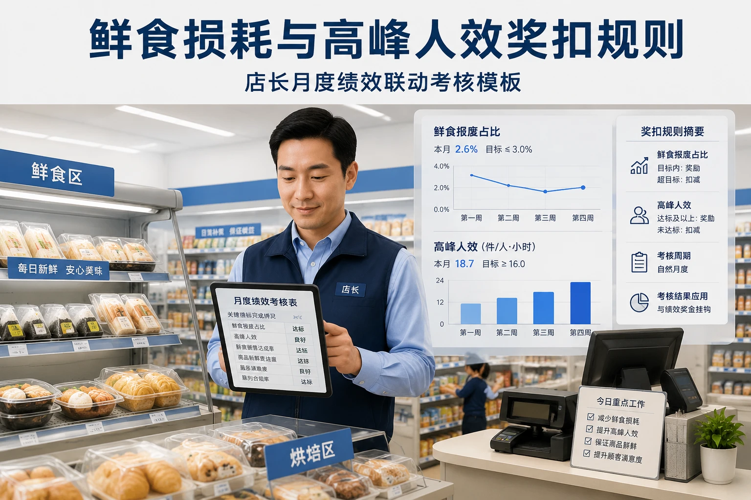 连锁便利店店长月度绩效模板:鲜食损耗与高峰人效奖扣规则(2026年版)