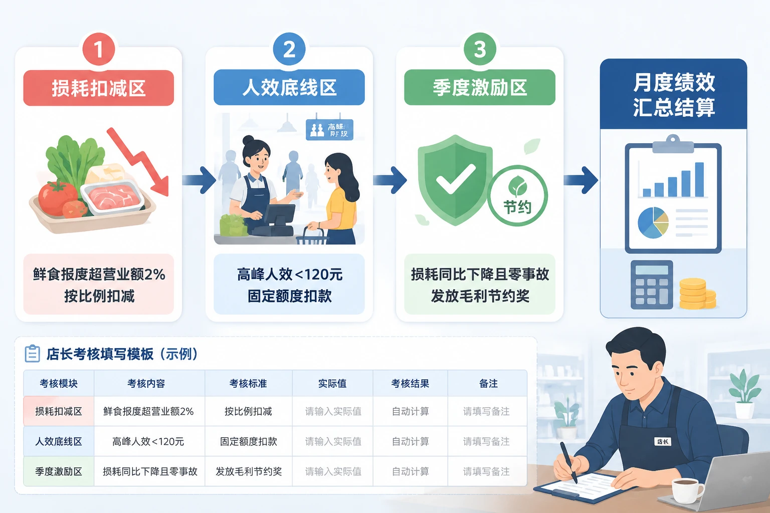 连锁便利店店长月度绩效模板:鲜食损耗与高峰人效奖扣规则(2026年版)
