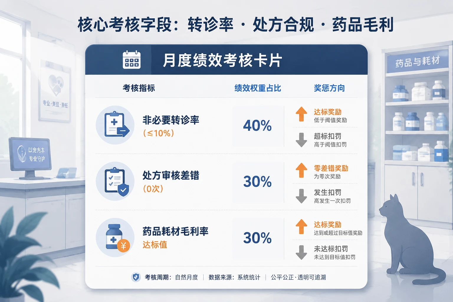 2026年宠物医院院长绩效联动表:转诊率、处方合规与药品毛利包干