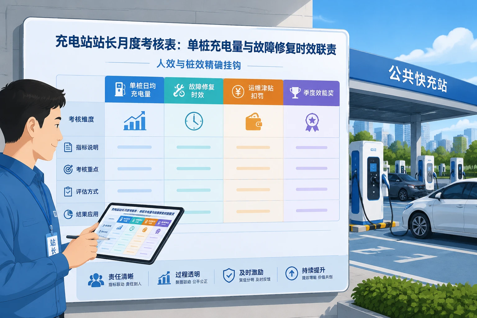 充电站站长月度考核表:单桩充电量与故障修复时效联责