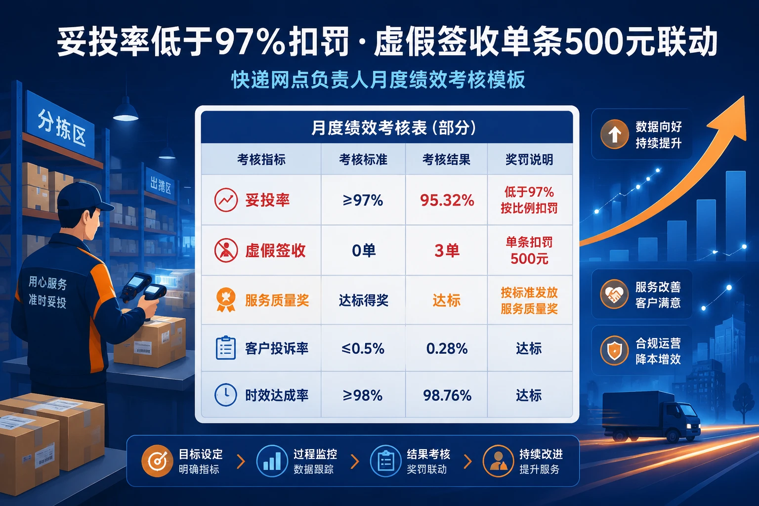 快递网点负责人月度绩效模板：妥投率低于97%扣罚与虚假签收单条500元联动（2026年版）
