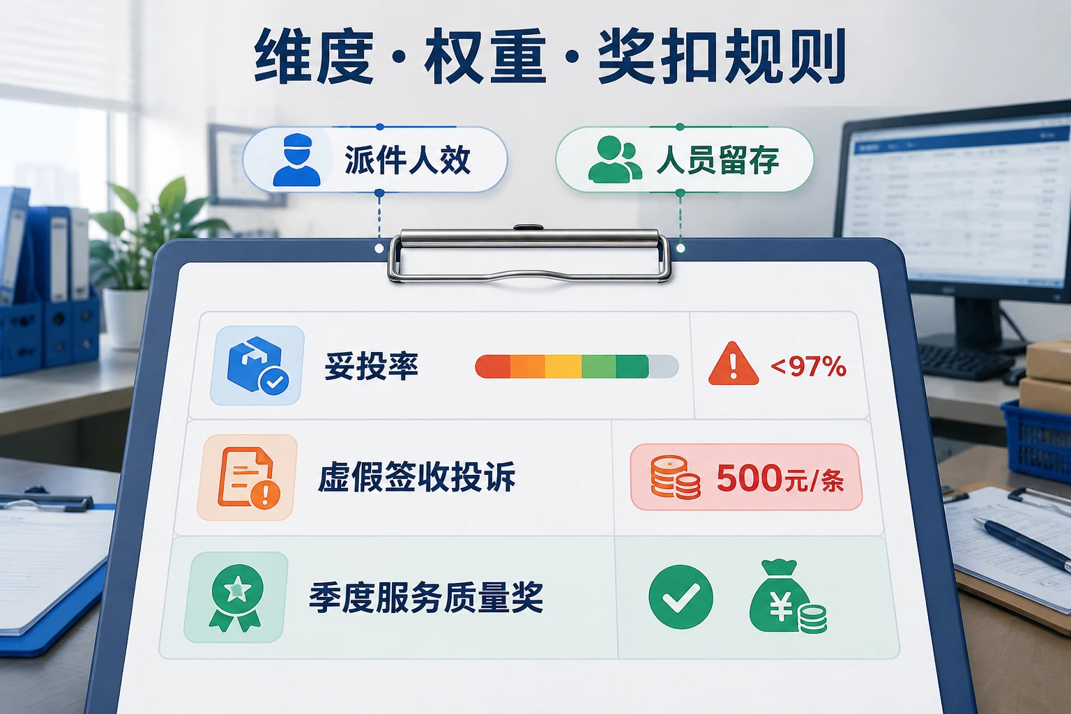 快递网点负责人月度绩效模板：妥投率低于97%扣罚与虚假签收单条500元联动（2026年版）