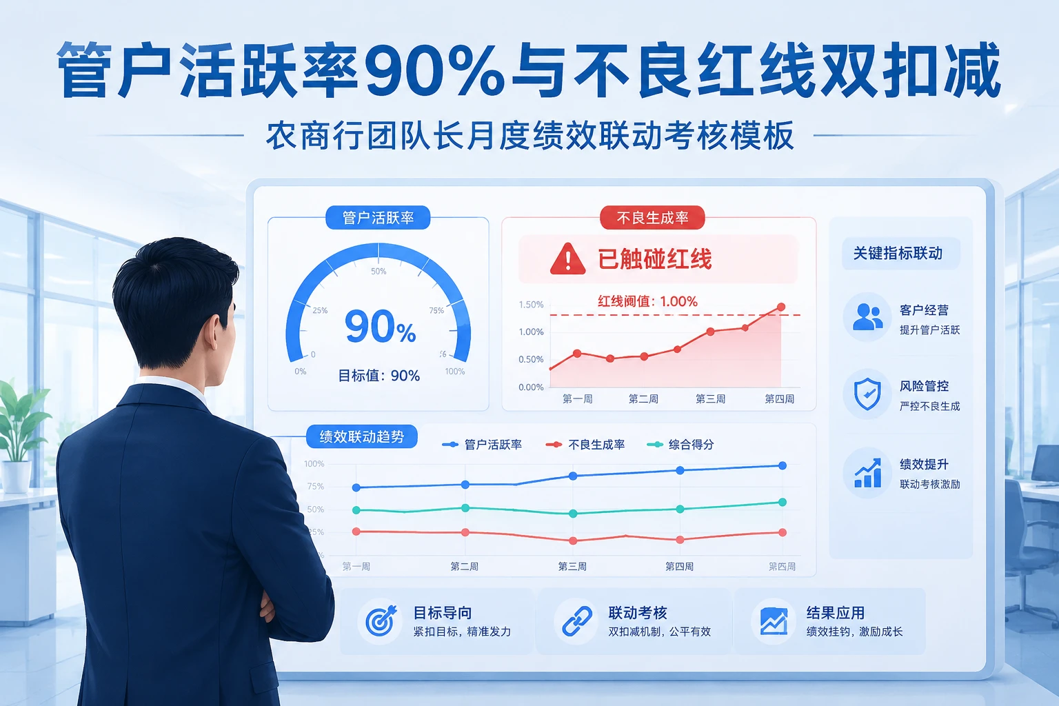 农商行团队长月度绩效表：管户活跃率90%与不良红线双扣减