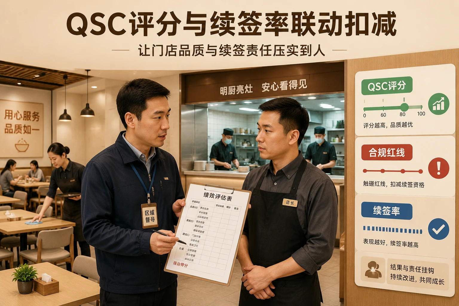 连锁餐饮加盟督导月度绩效模板：QSC评分与续签率联动扣减