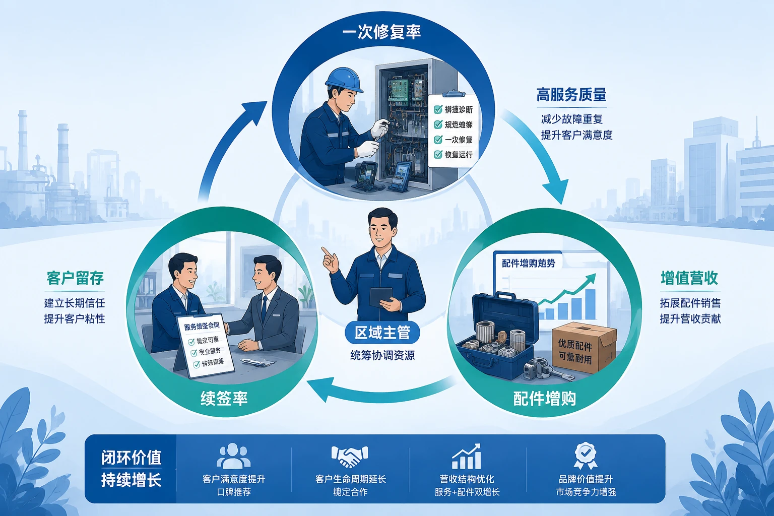 一次修复率与配件增购双联动：区域服务主管绩效递延表