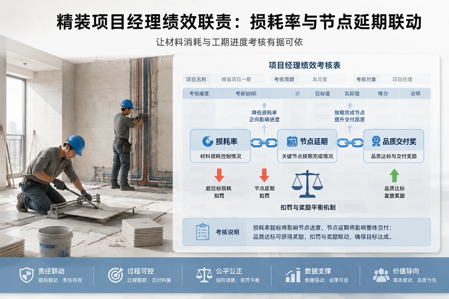 2026年精装项目经理绩效联责模板：甲供材损耗率与节点延期联动