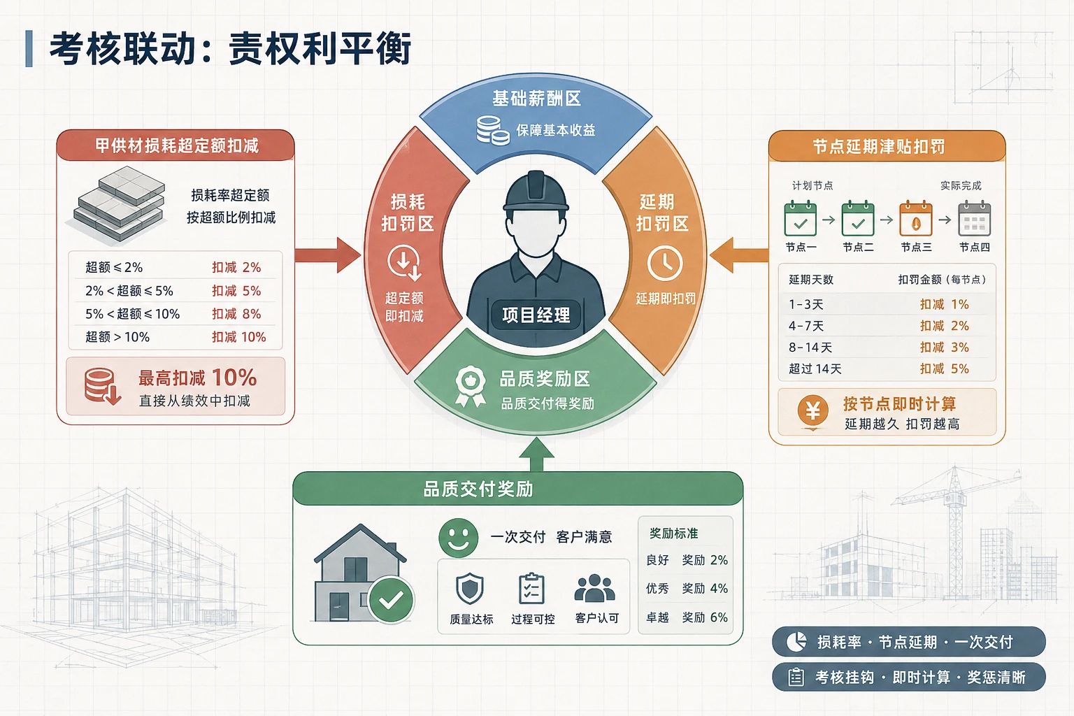 2026年精装项目经理绩效联责模板：甲供材损耗率与节点延期联动