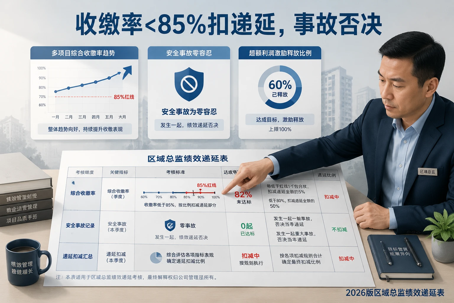 住宅物业区域总监绩效递延表：收缴率<85%扣递延，事故否决（2026年版）