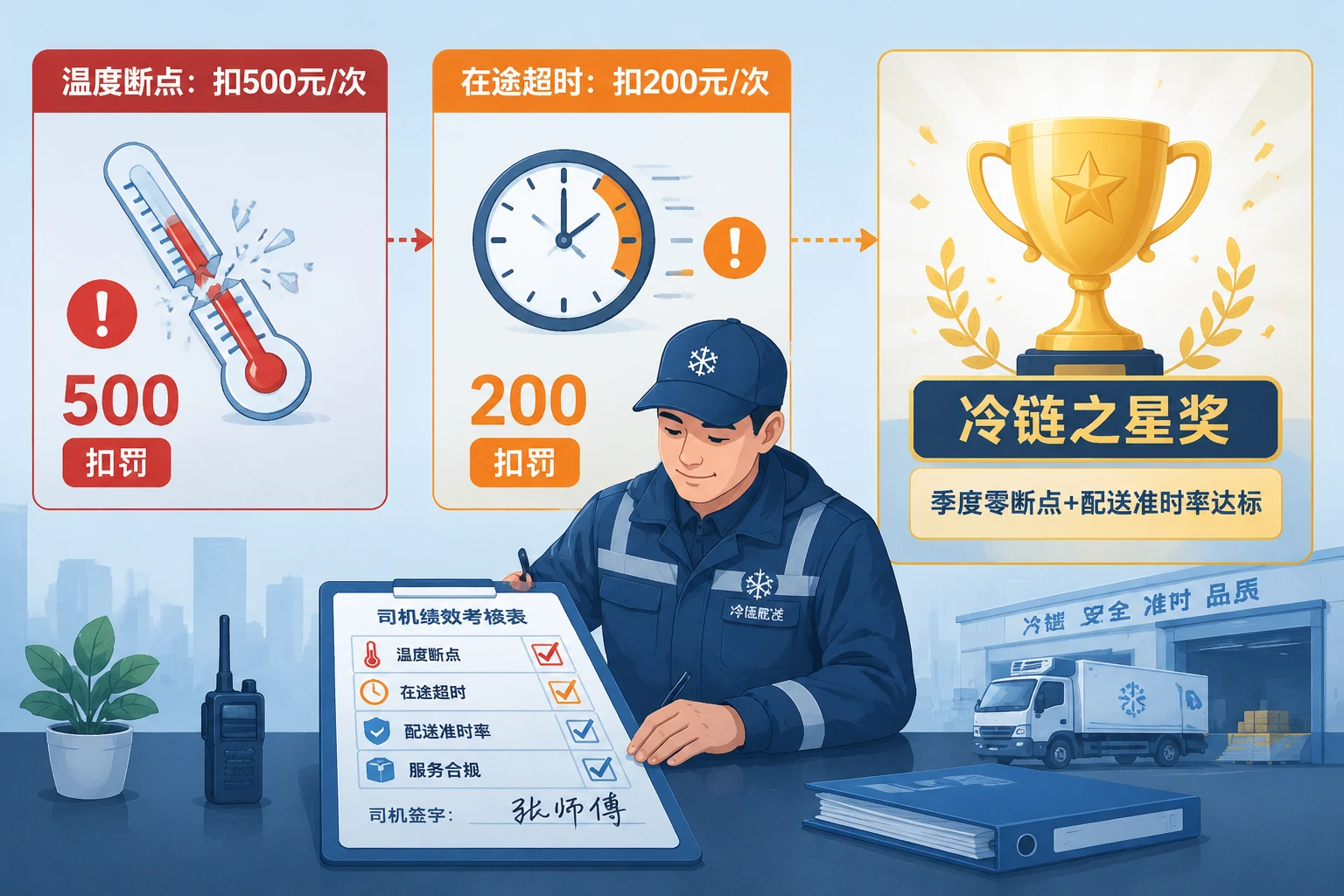 2026年医药冷链司机月度绩效联动表:断点扣500,超时扣200