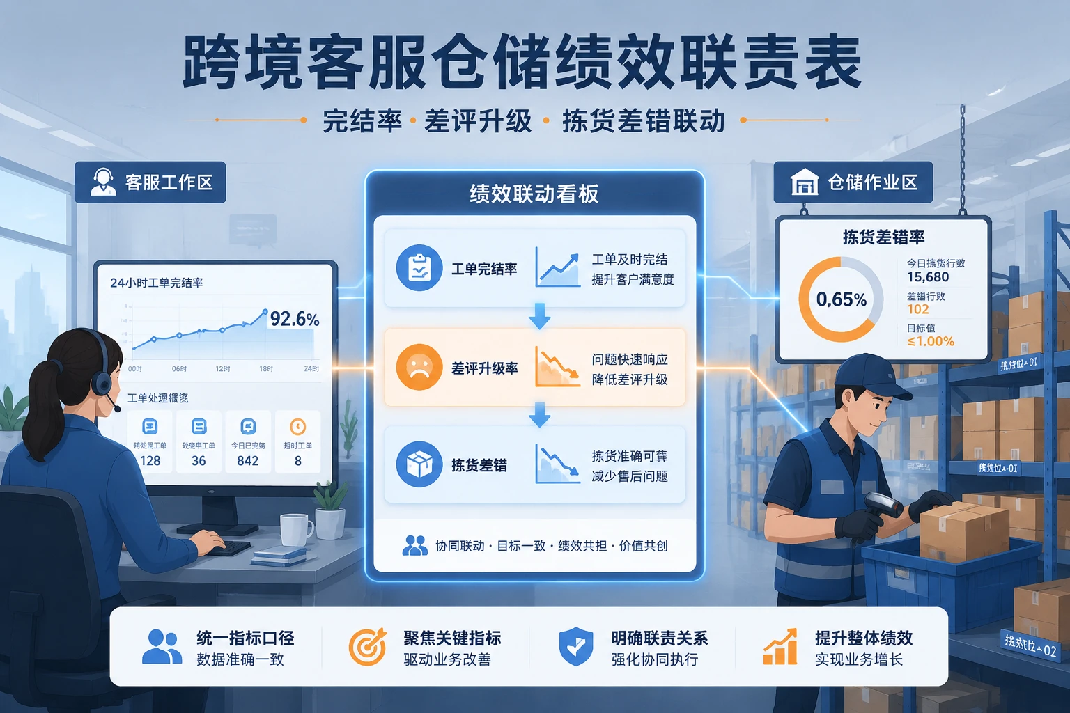 跨境客服仓储绩效联责表：完结率·差评升级·拣货差错联动（2026年版）