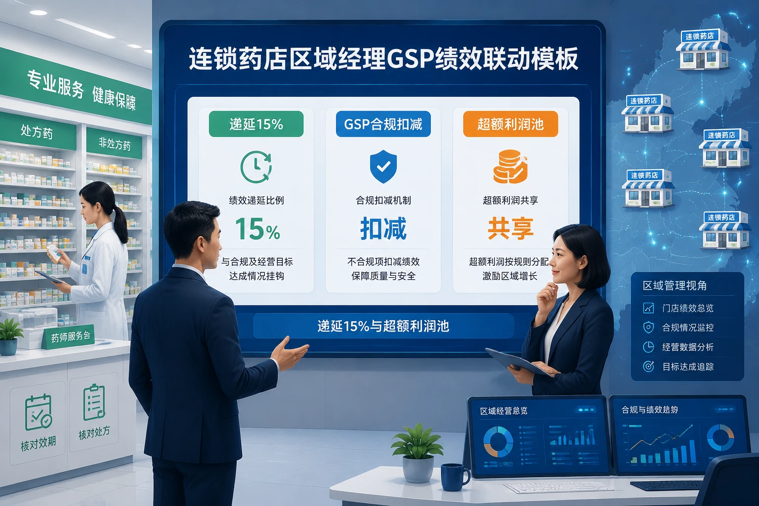 2026年连锁药店区域经理GSP绩效联动模板:递延15%与超额利润池