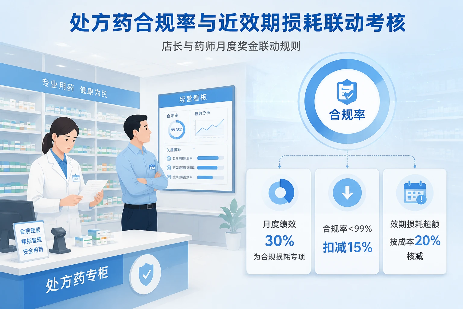 连锁药店绩效联动模板:处方药合规率与近效期损耗考核