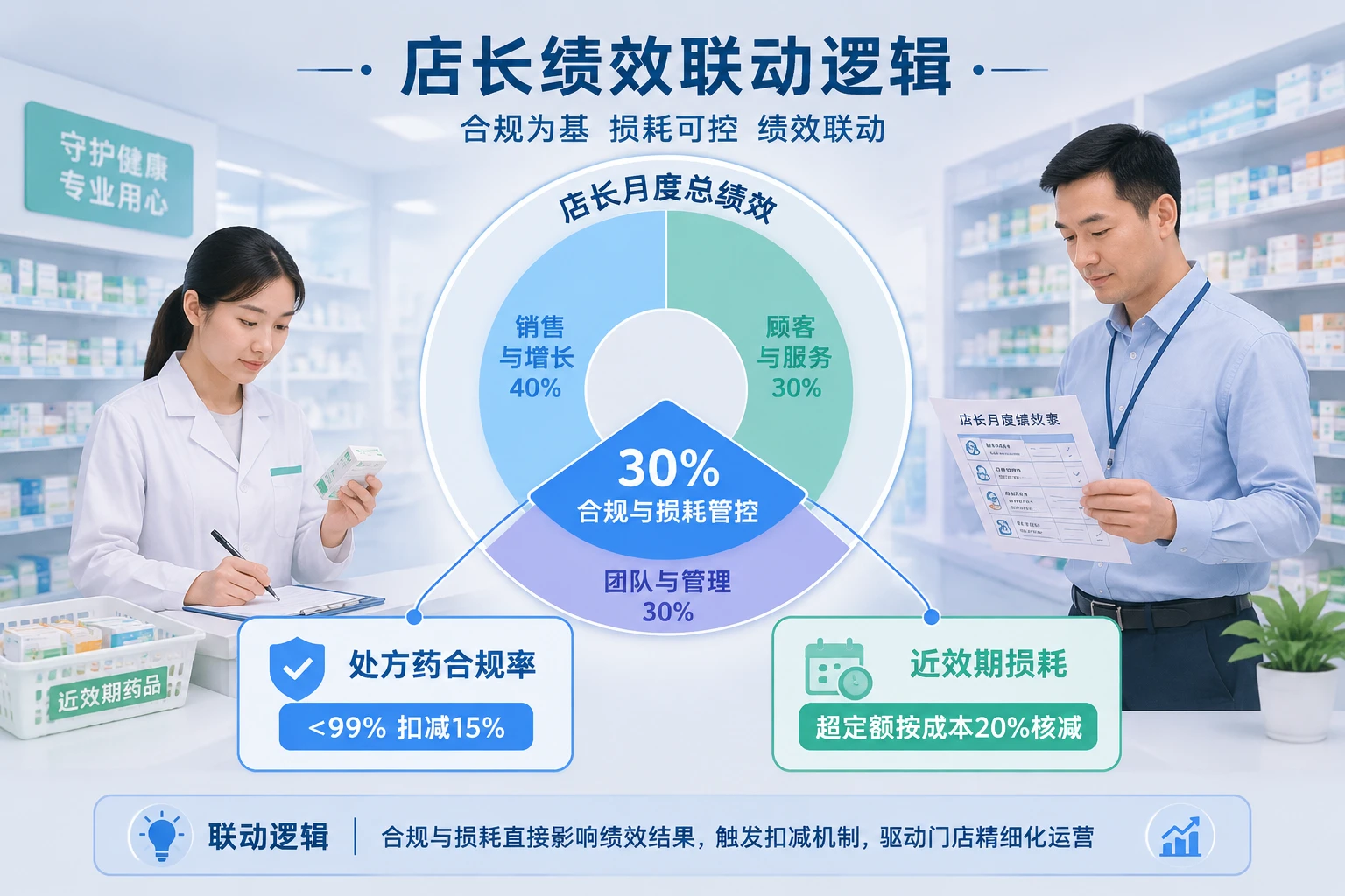连锁药店绩效联动模板:处方药合规率与近效期损耗考核