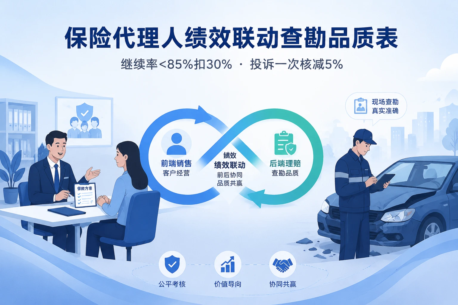 保险代理人绩效联动查勘品质表：继续率<85%扣30%，投诉扣5%