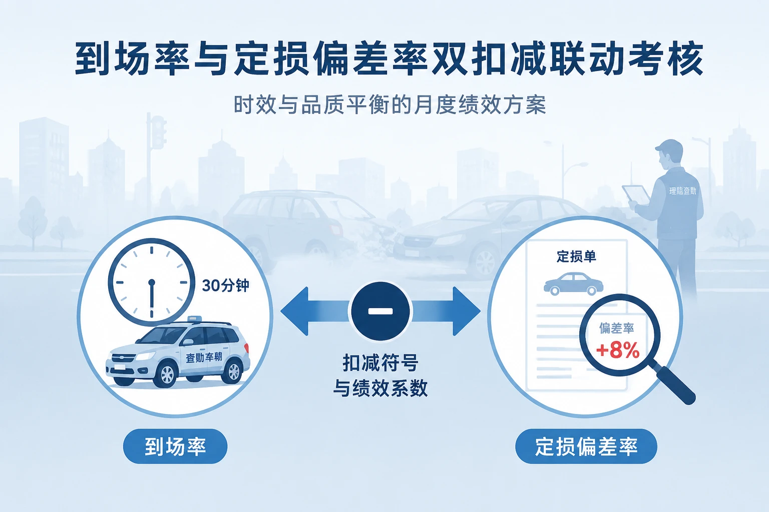 2026年车险查勘员月度绩效联动表：到场率低于95%与定损偏差超5%双扣减