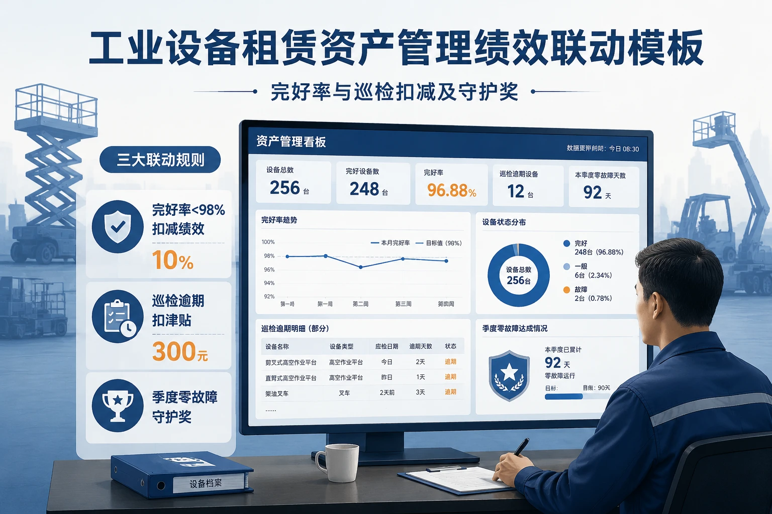 工业设备租赁资产管理绩效联动模板：完好率与巡检扣减及守护奖