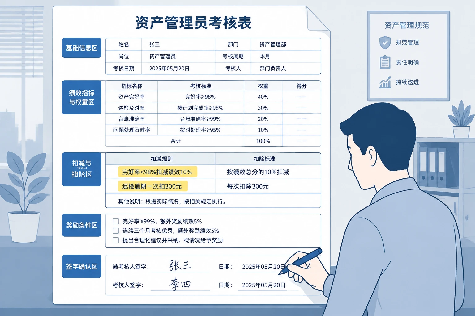 工业设备租赁资产管理绩效联动模板：完好率与巡检扣减及守护奖