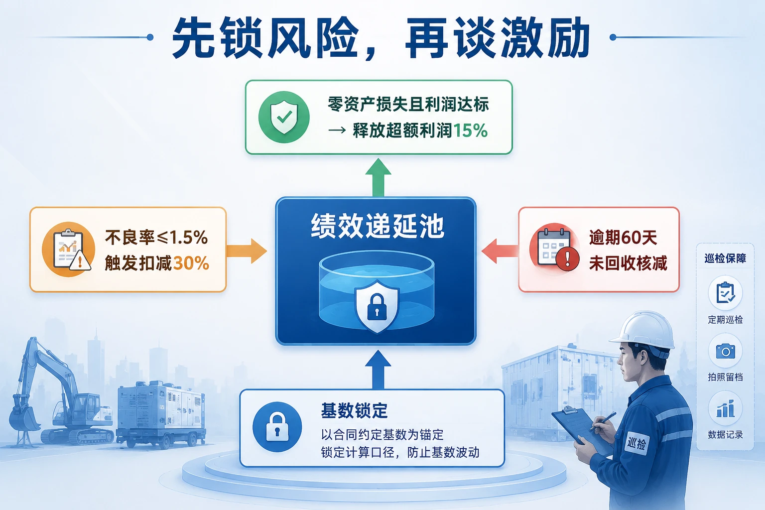 工业设备租赁区域总监绩效递延表：资产不良率扣减与超额利润释放