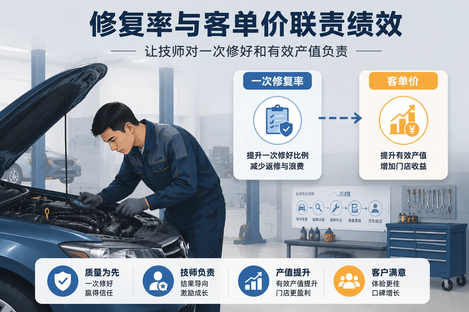 连锁汽修门店技师修复率与客单价联责绩效案例