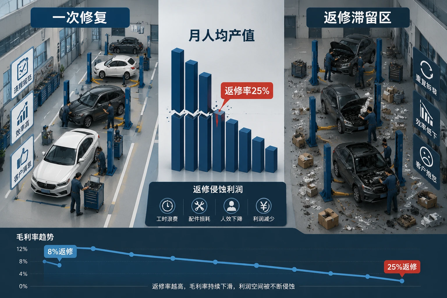 连锁汽修门店技师修复率与客单价联责绩效案例
