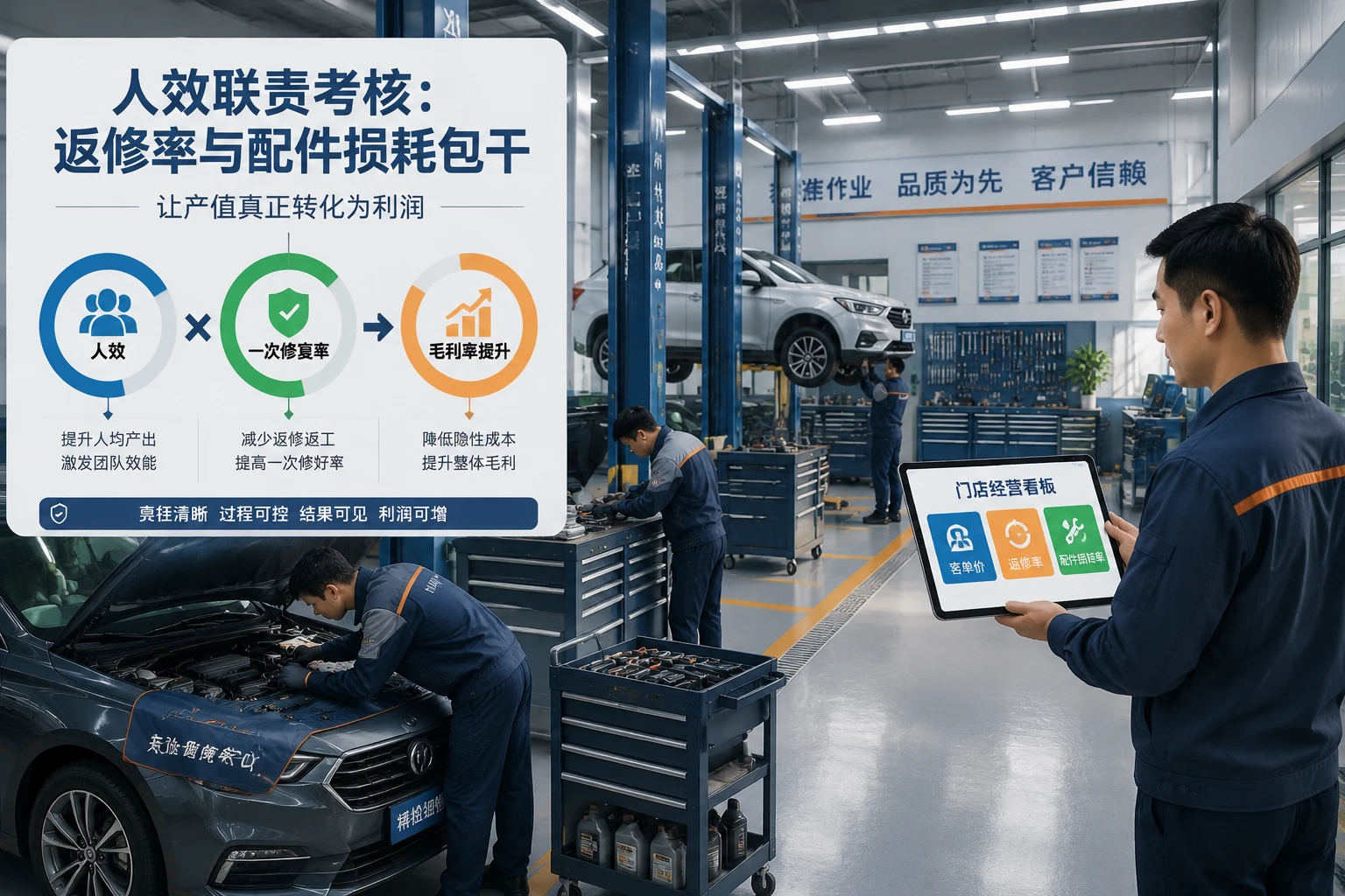 连锁汽修门店人效联责考核:返修率与配件损耗包干方案