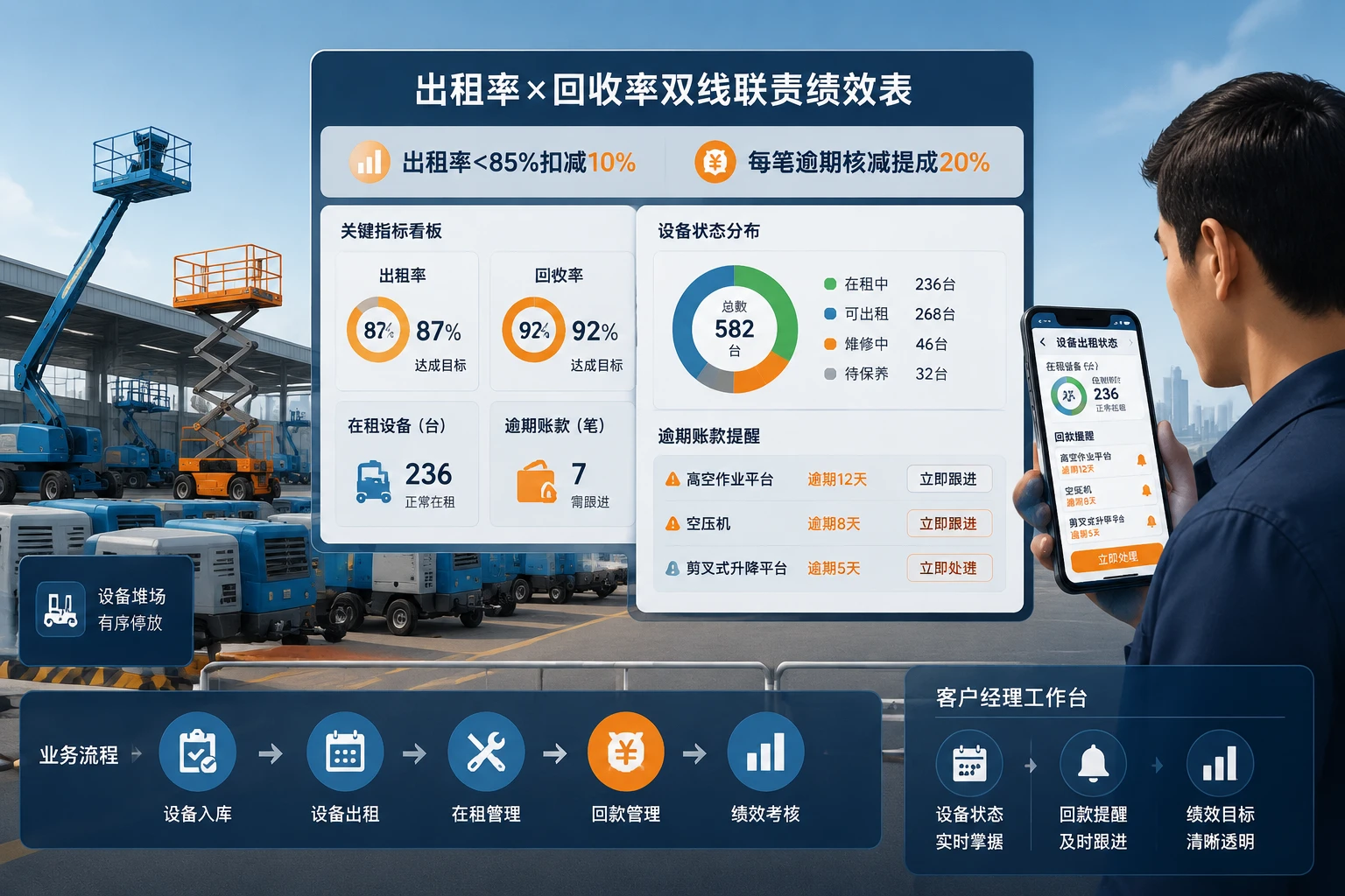 工业设备租赁客户经理绩效联动表：出租率扣减与租金逾期核减规则