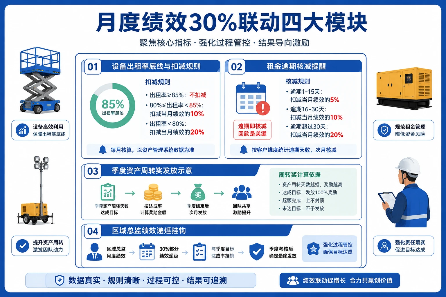 工业设备租赁客户经理绩效联动表：出租率扣减与租金逾期核减规则