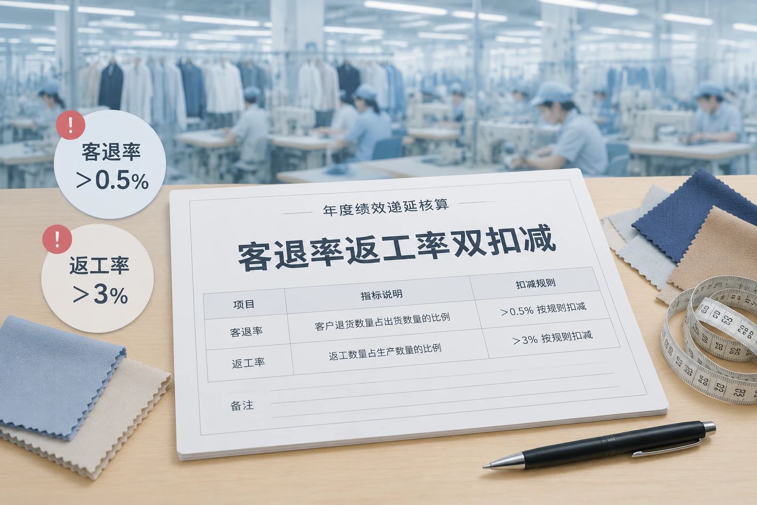 服装质检主管绩效递延表:客退率返工率双扣减