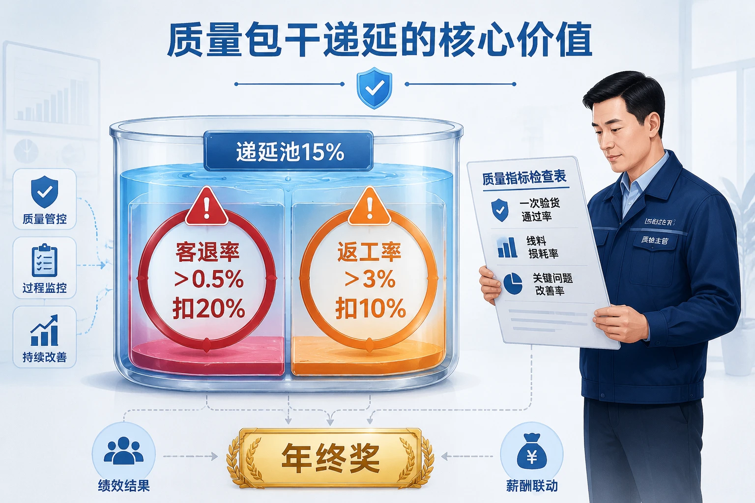 服装质检主管绩效递延表:客退率返工率双扣减