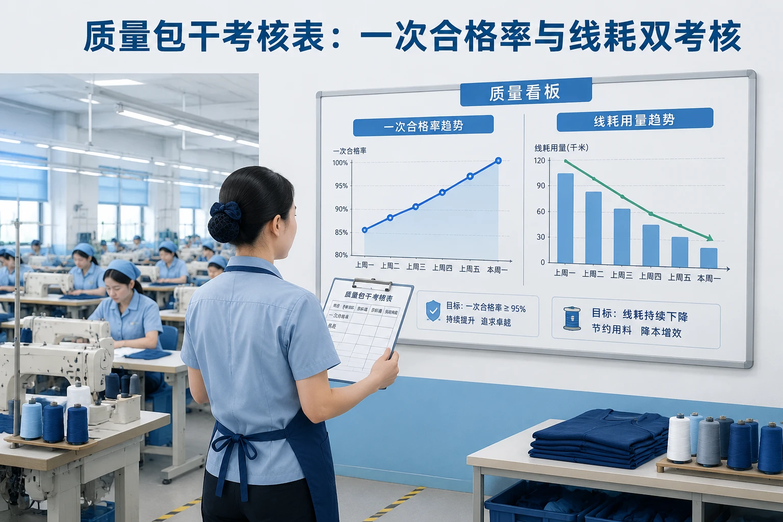 服装车缝班长质量包干考核表:一次合格率与线耗双考核